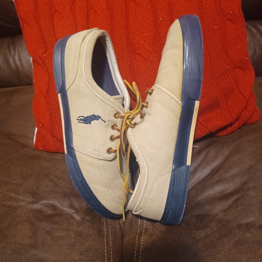 Ralph Lauren Faxon Low-Top Canvas Sneakers, size 11D, tan, navy